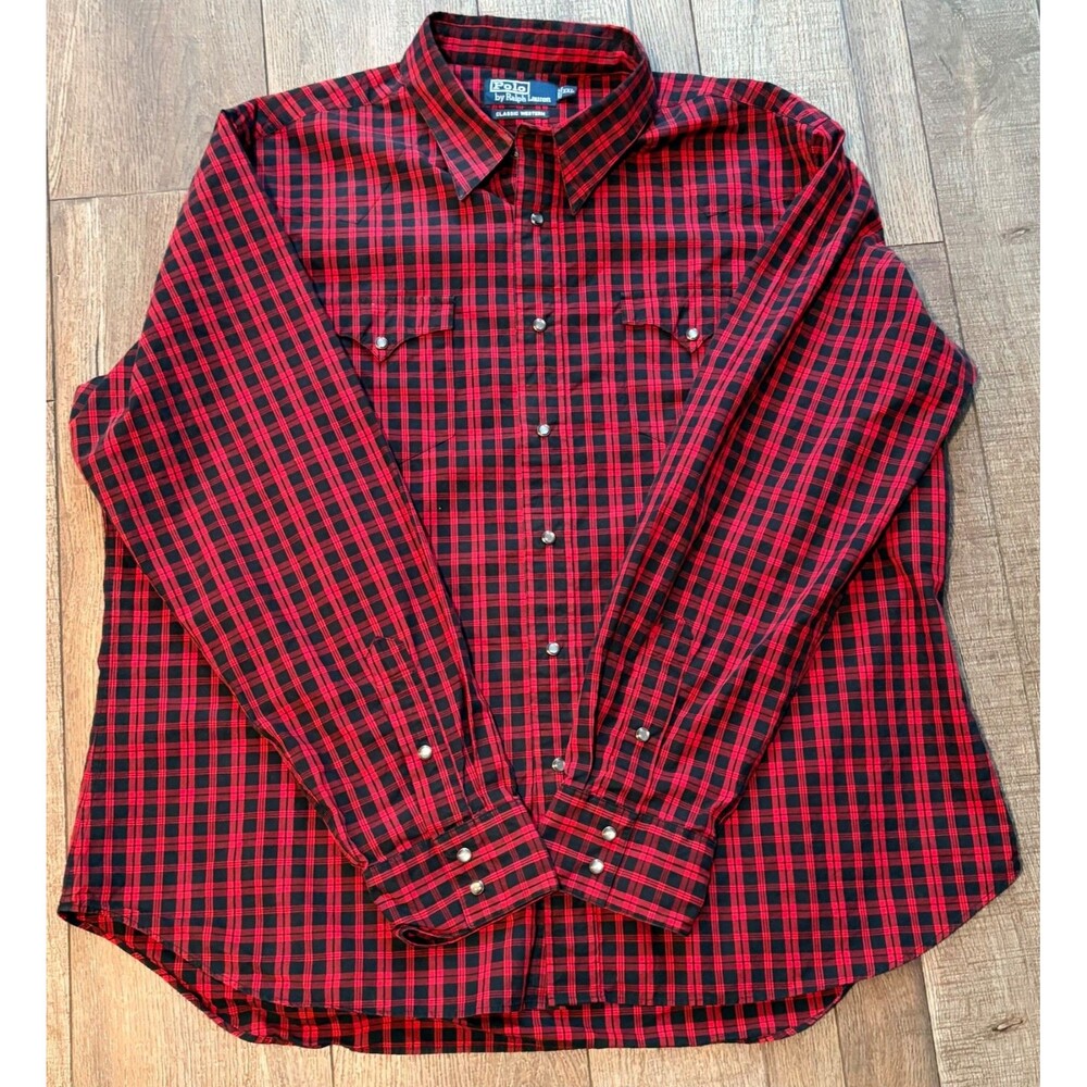 Vtg Polo Ralph Lauren Shirt Mens Classic Western 2XL  Red Black Plaid Pearl Snap